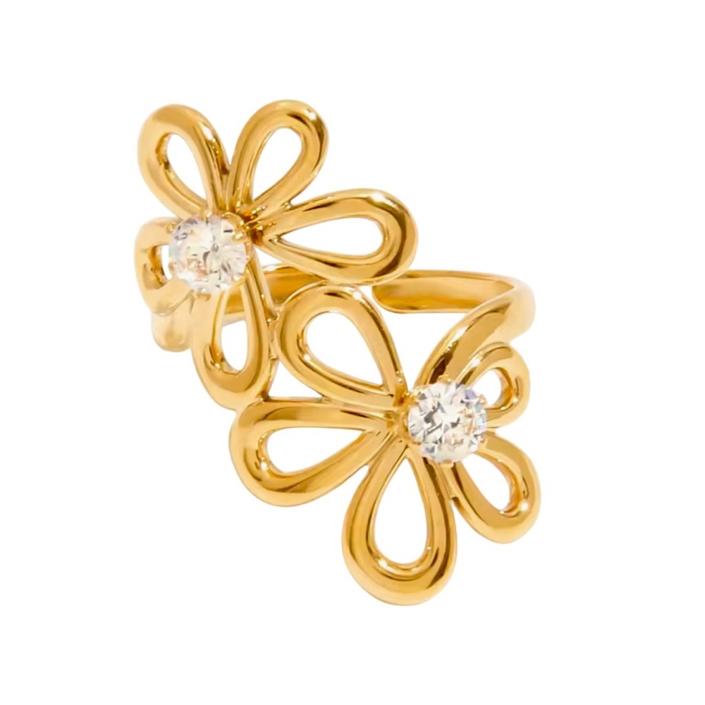 Cz Double Flower Adjustable Ring Stainless Steel